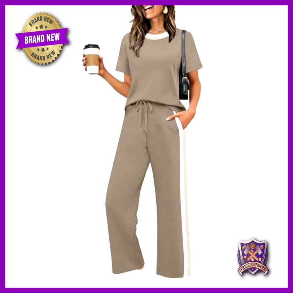 2 Piece Lounge Set Short Sleeve Top Wide Leg Pants with Pockets - Picture 2 of 7